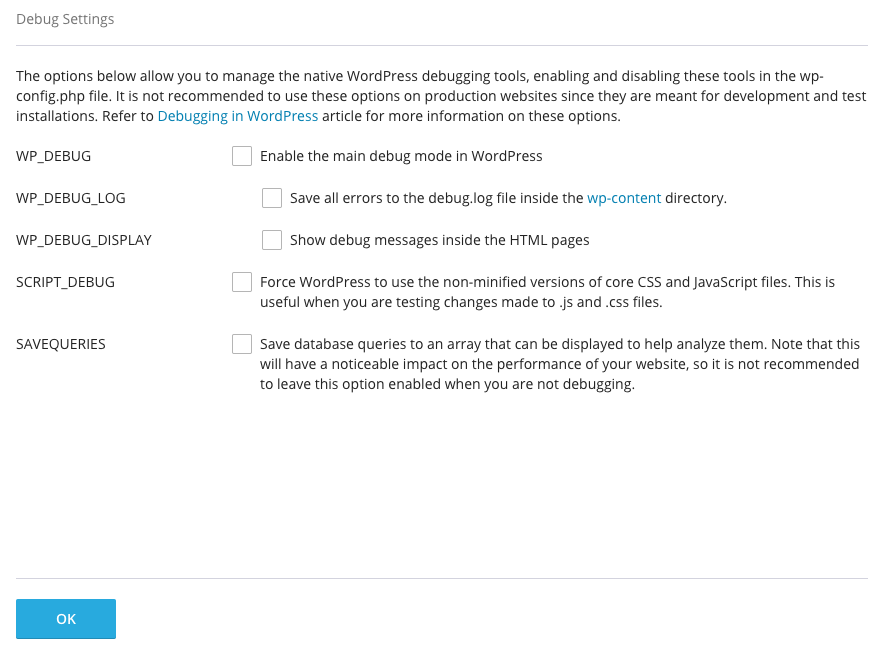 WP Toolkit debugging options